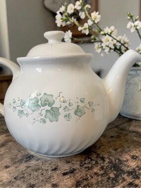 Vintage Corelle Callaway Ceramic Teapot with Green Floral Vine Pattern